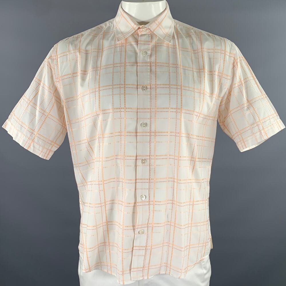 TED BAKER Size L Cream Orange Tartan Cotton Cutaway Short Sleeve Shirt